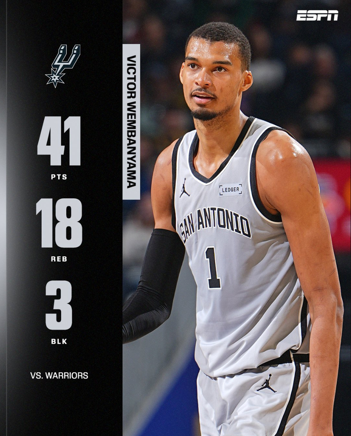 文班亚马狂砍41+18创多项纪录 马刺10连胜领跑西部